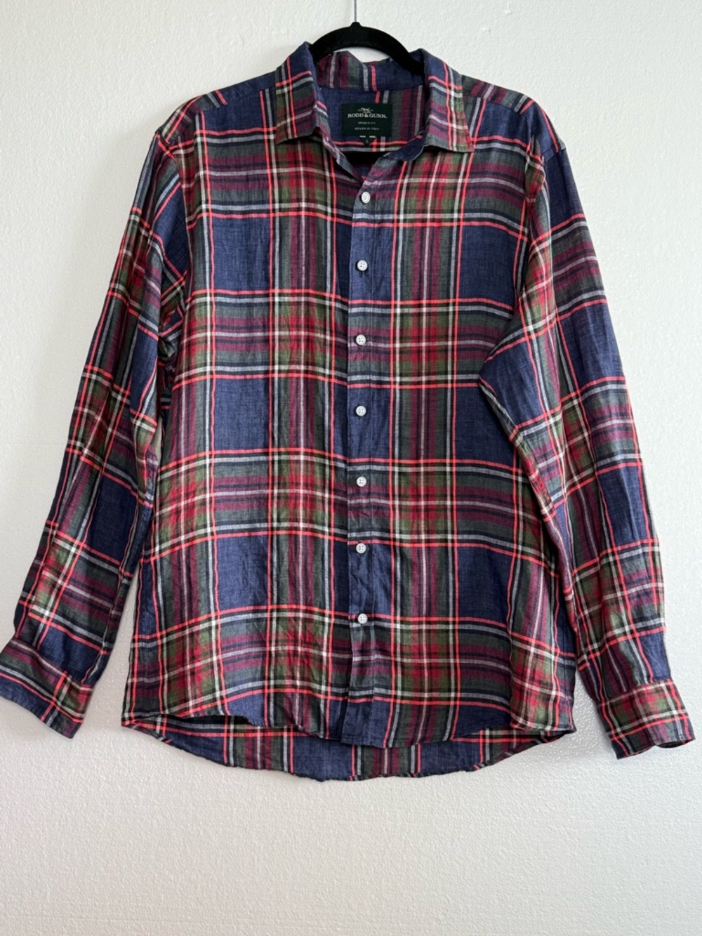 Rodd & Gunn Plaid Linen Shirt Long Sleeve Button Up Blue Red Italy Size L